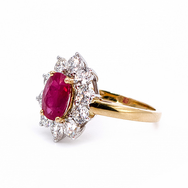 Image of 2.50ct Natural Oval Cut Ruby and Natural Diamond Cluster Ring in Yellow Gold