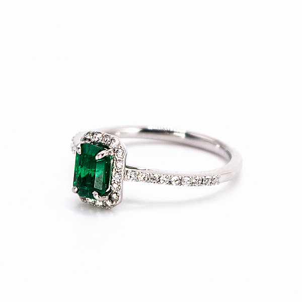 Image of 0.82ct Natural Octagonal Shape Step Cut Green Emerald with Natural Diamond Halo and Shoulders Ring in Platinum