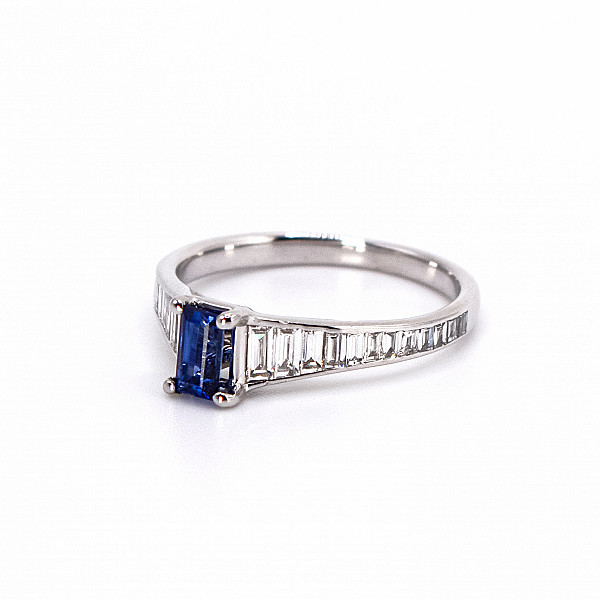 Image of 0.47ct Natural Emerald Cut Sapphire and Natural Baguette Cut Diamond Shoulders Ring in Platinum