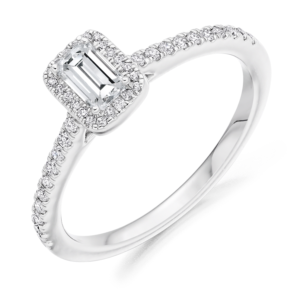 Image of Platinum Emerald Cut Halo with Diamond Set Shoulders Engagement Ring