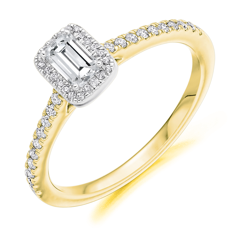 Image of Yellow Gold Emerald Cut Halo with Diamond Set Shoulders Engagement Ring