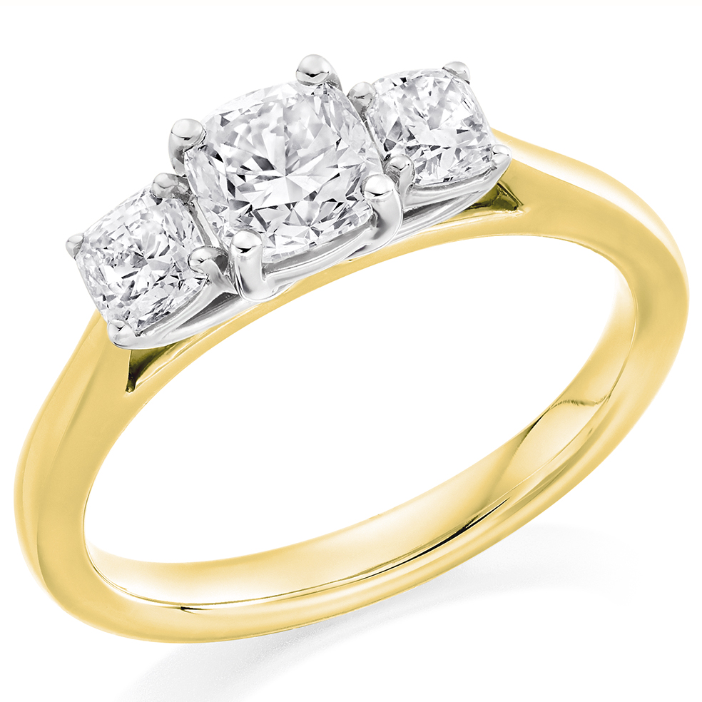 Image of Yellow Gold Cushion Cut Trilogy Set with Plain Shoulders Trilogy Ring