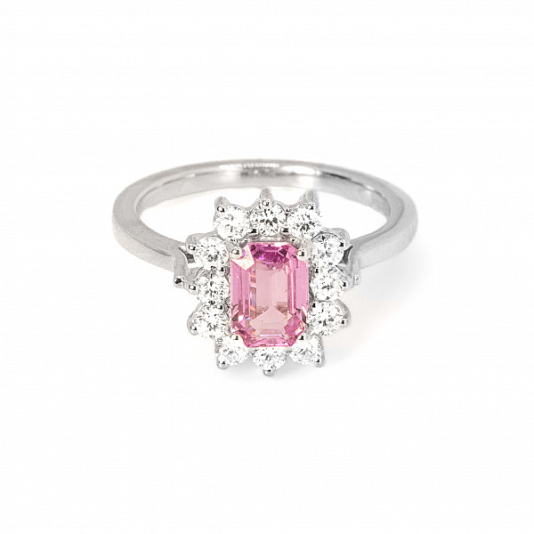 Image of 1.25ct Natural Emerald Cut Pink Sapphire and Natural Diamond Cluster Ring in White Gold