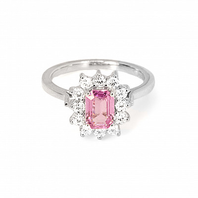 1.25ct Natural Emerald Cut Pink Sapphire and Natural Diamond Cluster Ring in White Gold Image