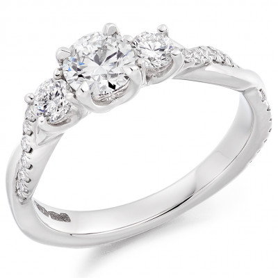 Round Brilliant Trilogy Set with Diamond Set Shoulders Trilogy Ring Metal Image