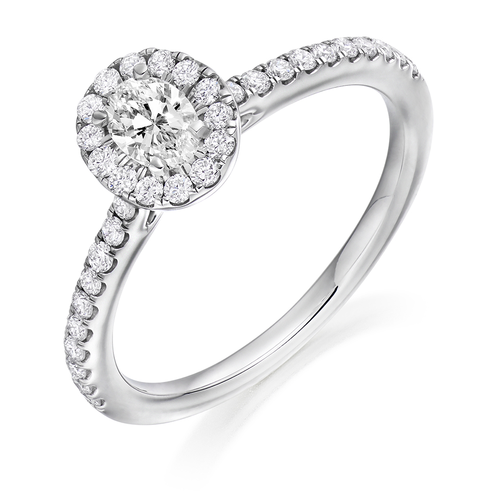 Image of Platinum Oval Cut Halo with Diamond Set Shoulders Engagement Ring