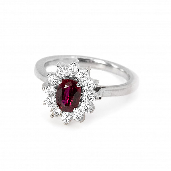 Image of 0.95ct Natural Oval Cut Ruby and Natural Diamond Cluster Ring in White Gold