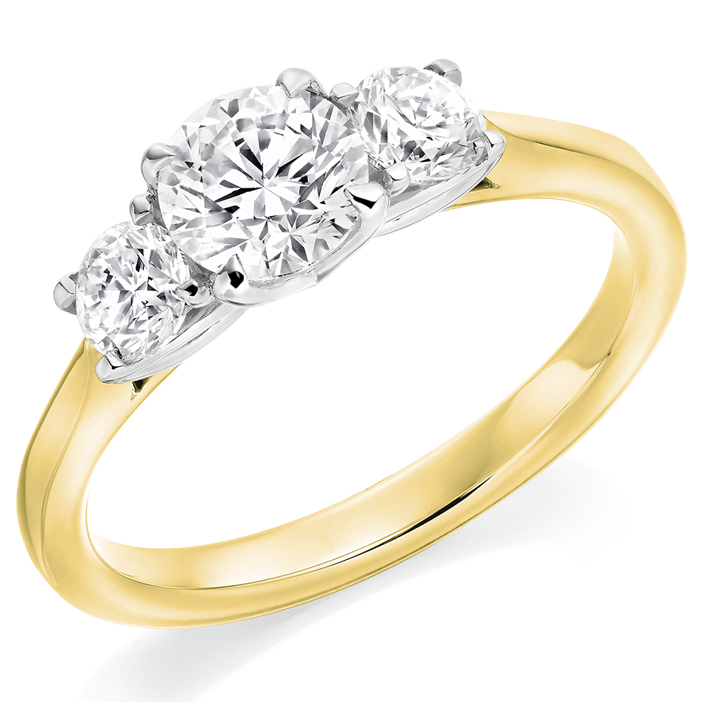 Image of Yellow Gold Round Brilliant Trilogy Set with Plain Shoulders  Trilogy Ring