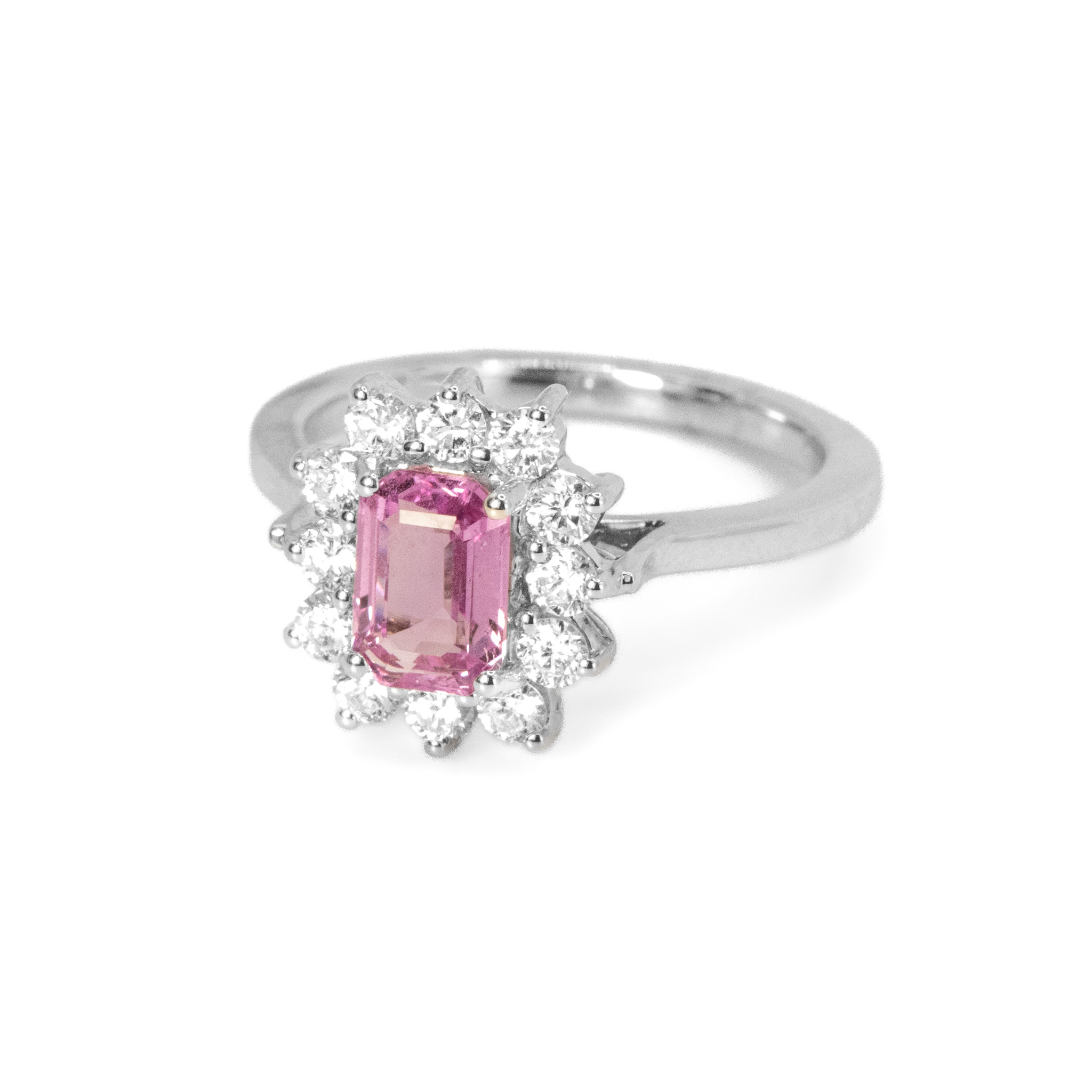 1.25ct Natural Emerald Cut Pink Sapphire and Natural Diamond Cluster Ring in White Gold Image