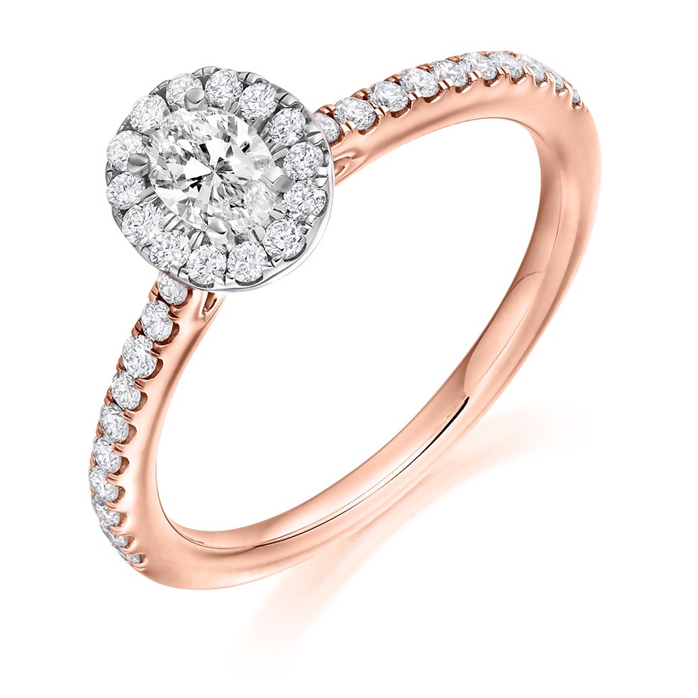 Image of Rose Gold Oval Cut Halo with Diamond Set Shoulders Engagement Ring