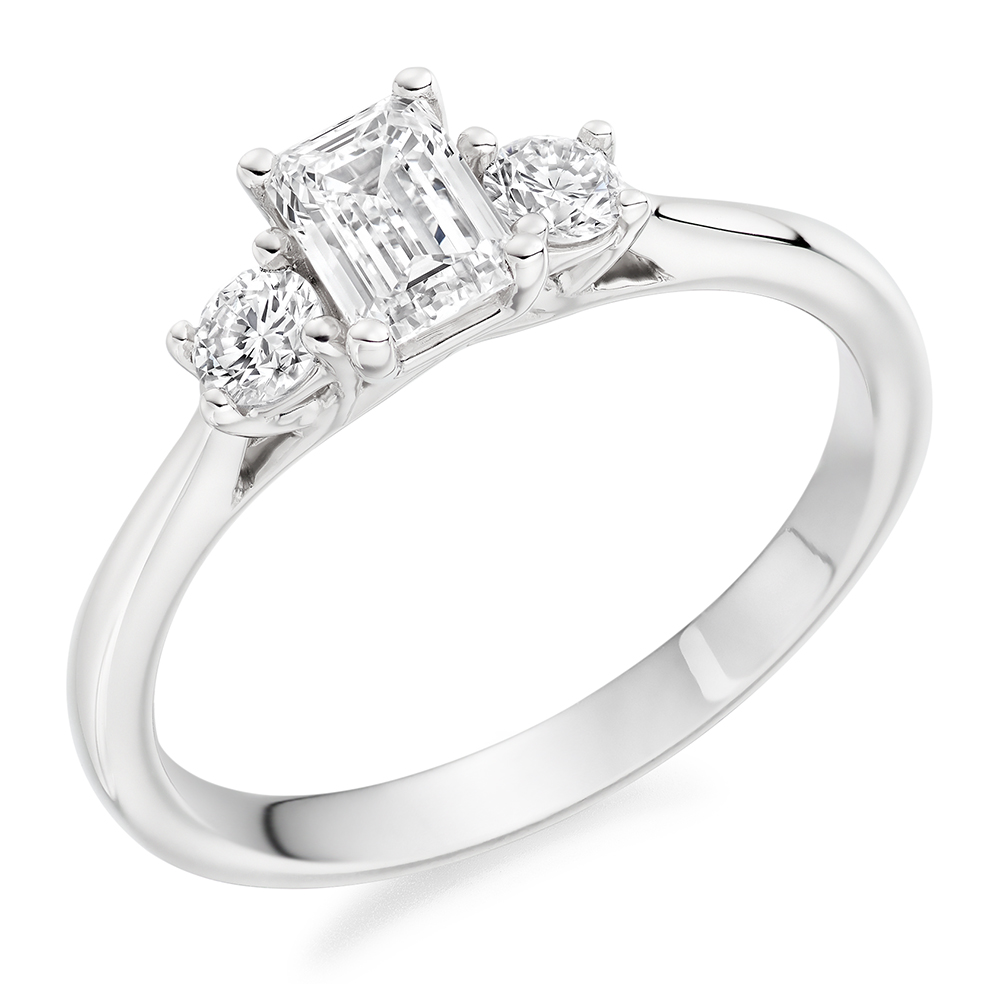 Image of White Gold Emerald Cut Trilogy Set with Plain Shoulders  Trilogy Ring