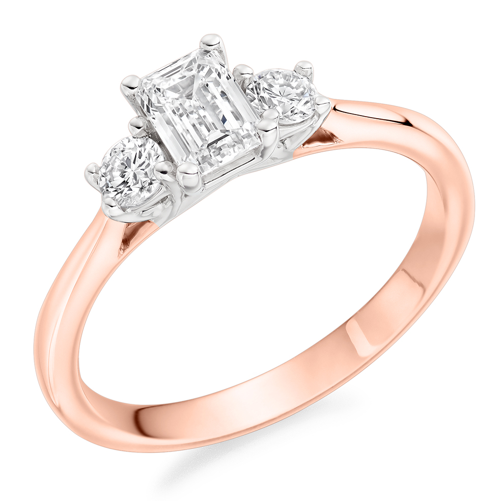 Image of Rose Gold Emerald Cut Trilogy Set with Plain Shoulders  Trilogy Ring