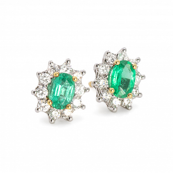 Image of Natural Oval Cut Emerald and Natural Diamond Cluster Stud Earrings in Yellow and White Gold
