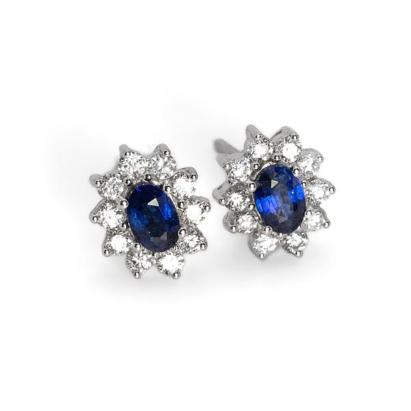 Image of 1.07ct Natural Oval Cut Blue Sapphire and Natural Diamond Cluster Stud Earrings in White Gold