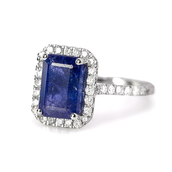 Image of 5.80ct Natural Emerald Cut Tanzanite with Natural Diamond Halo and Natural Diamond Set Shoulders Ring in White Gold