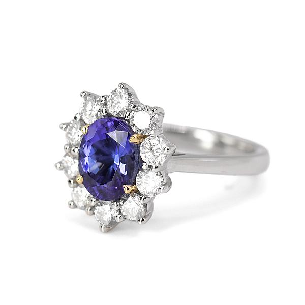 Image of 2.10ct Natural Oval Cut Tanzanite and Natural Diamond Cluster Ring in Platinum
