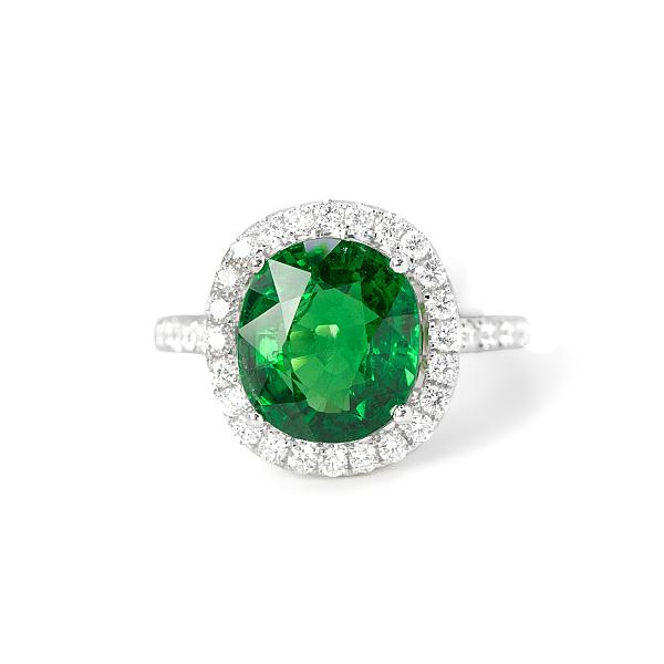 Image of 5.09ct Natural Mixed Cut Tsavorite and Natural Diamond Halo Ring in White Gold
