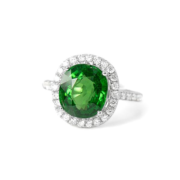 Image of 5.09ct Natural Mixed Cut Tsavorite and Natural Diamond Halo Ring in White Gold