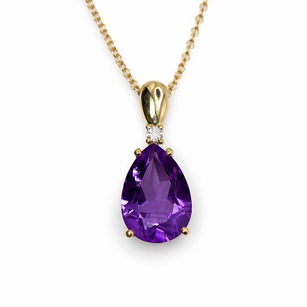 Image of Natural Pear Cut Amethyst and Natural Diamond Pendant in Yellow Gold