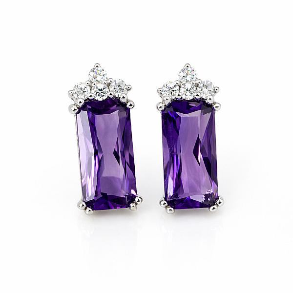 Image of Natural Elongated Mixed Cut Amethyst and Natural Diamond Earrings in White Gold