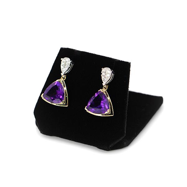 Image of Natural Trillion Cut Amethyst and Natural Diamond Earrings in Yellow Gold