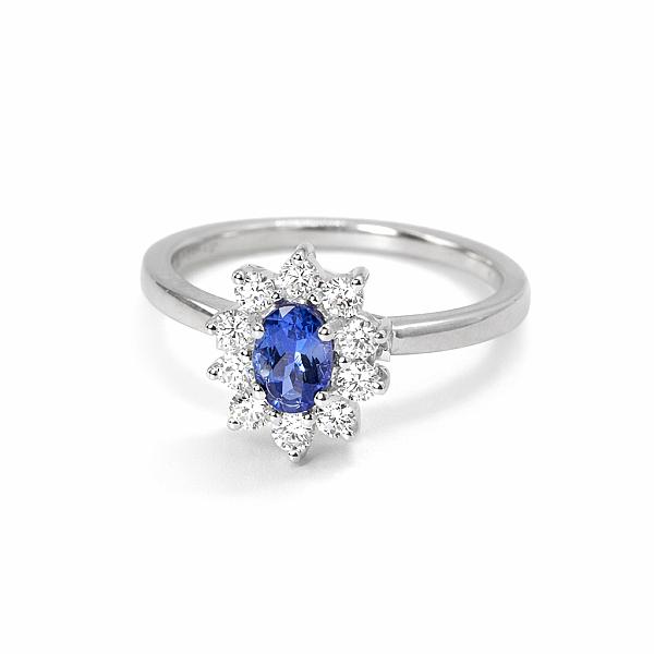 Image of 0.55ct Natural Oval Cut Tanzanite and Natural Diamond Cluster Ring in White Gold