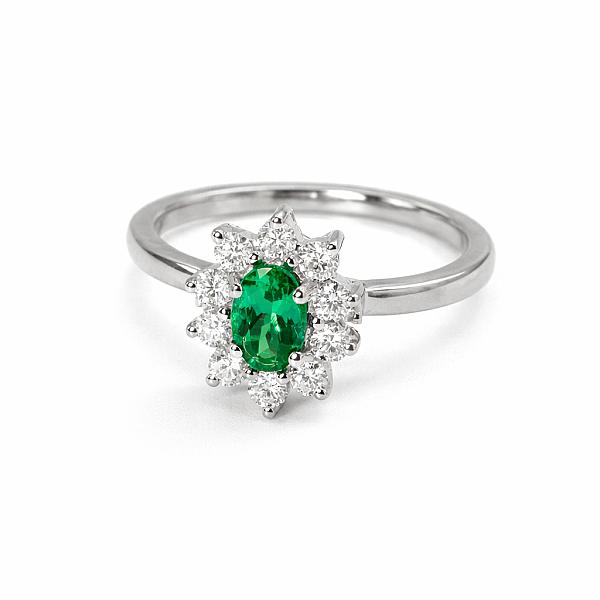 Image of 0.46ct Natural Oval Cut Emerald and Natural Diamond Cluster Ring in White Gold