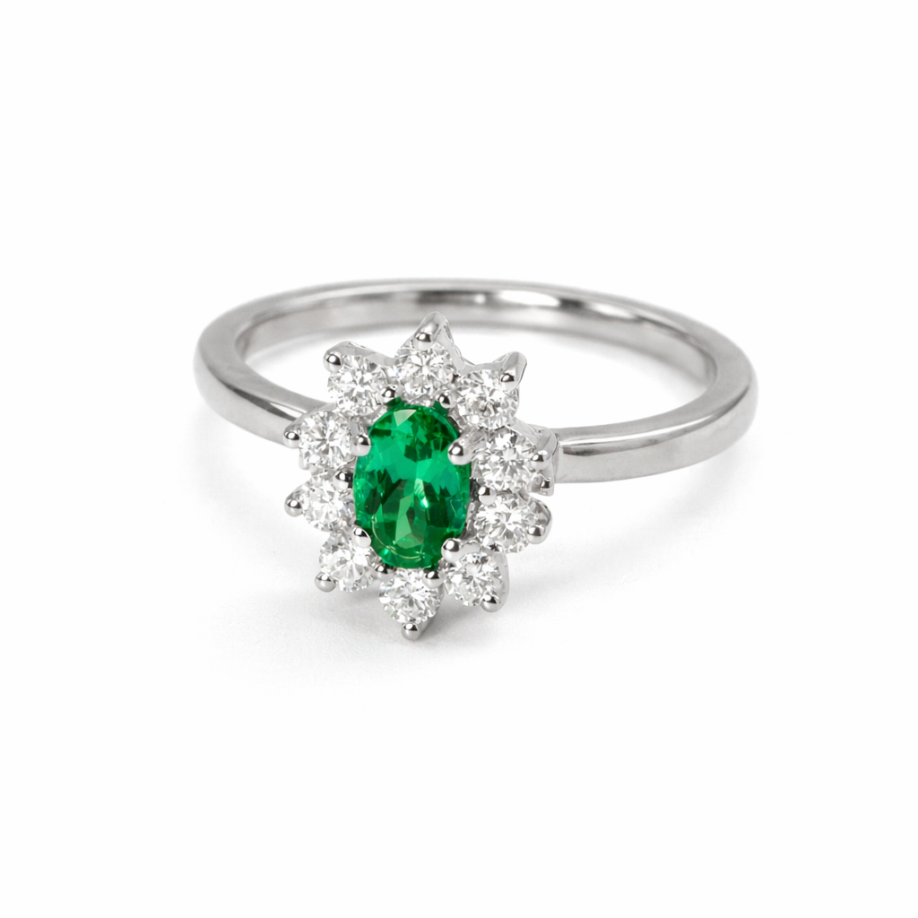 0.46ct Natural Oval Cut Emerald and Natural Diamond Cluster Ring in White Gold Image