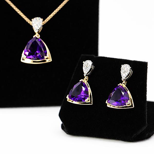 Image of Natural Trillion Cut Amethyst and Natural Diamond Earrings in Yellow Gold