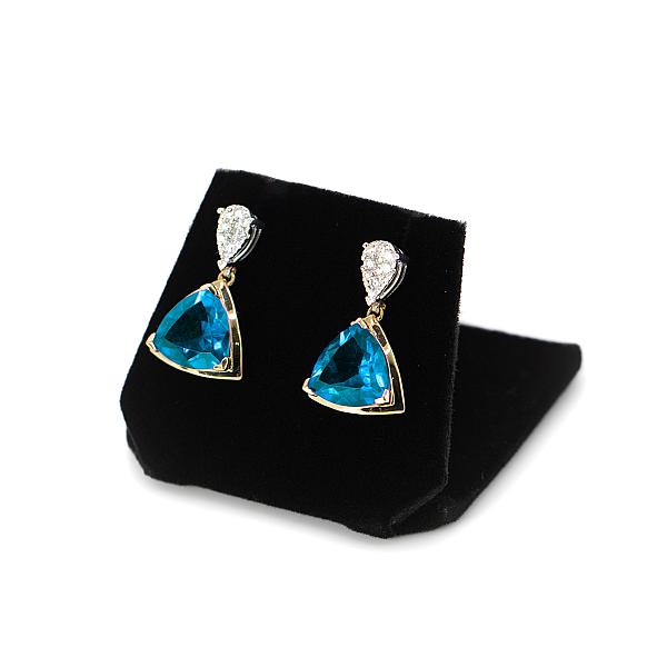 Image of Natural Trillion Cut Blue Topaz and Natural Diamond Earrings in Yellow Gold