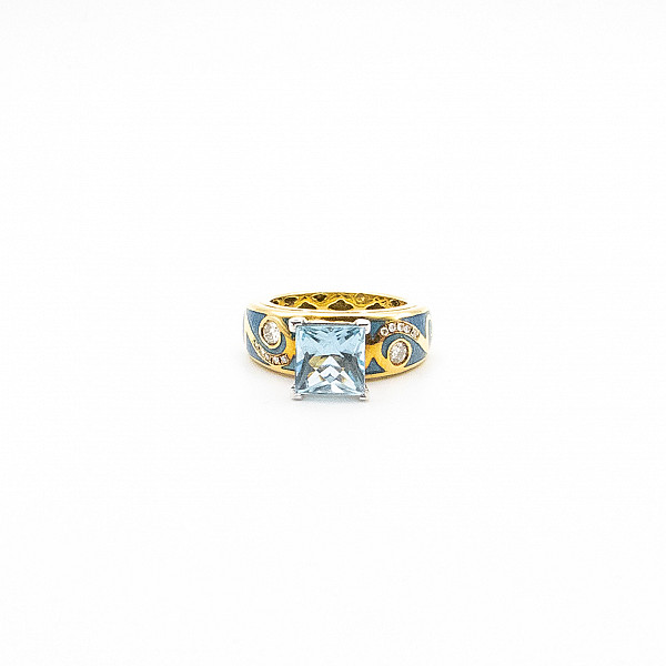 Image of 3.00ct Natural Princess Cut Aquamarine and Natural Diamond Fancy Ring in Yellow Gold
