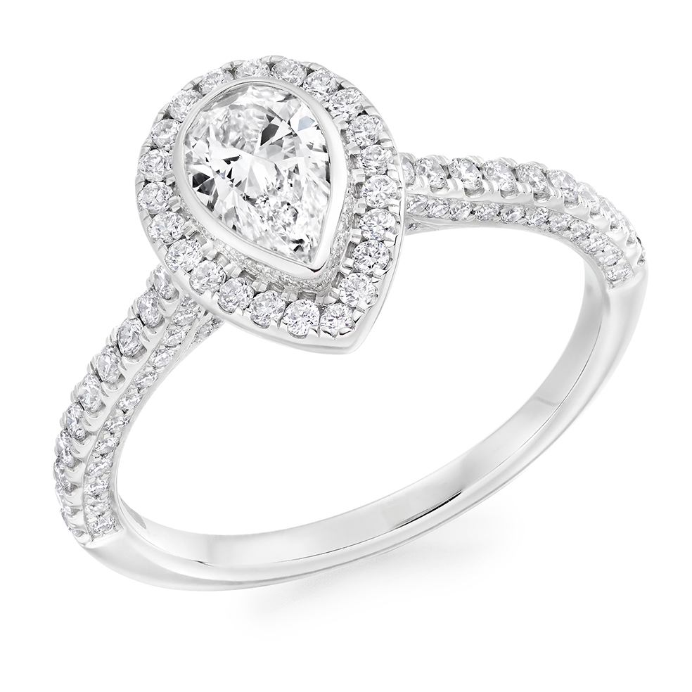 Image of Platinum Pear Cut Halo with Diamond Set Shoulders Engagement Ring