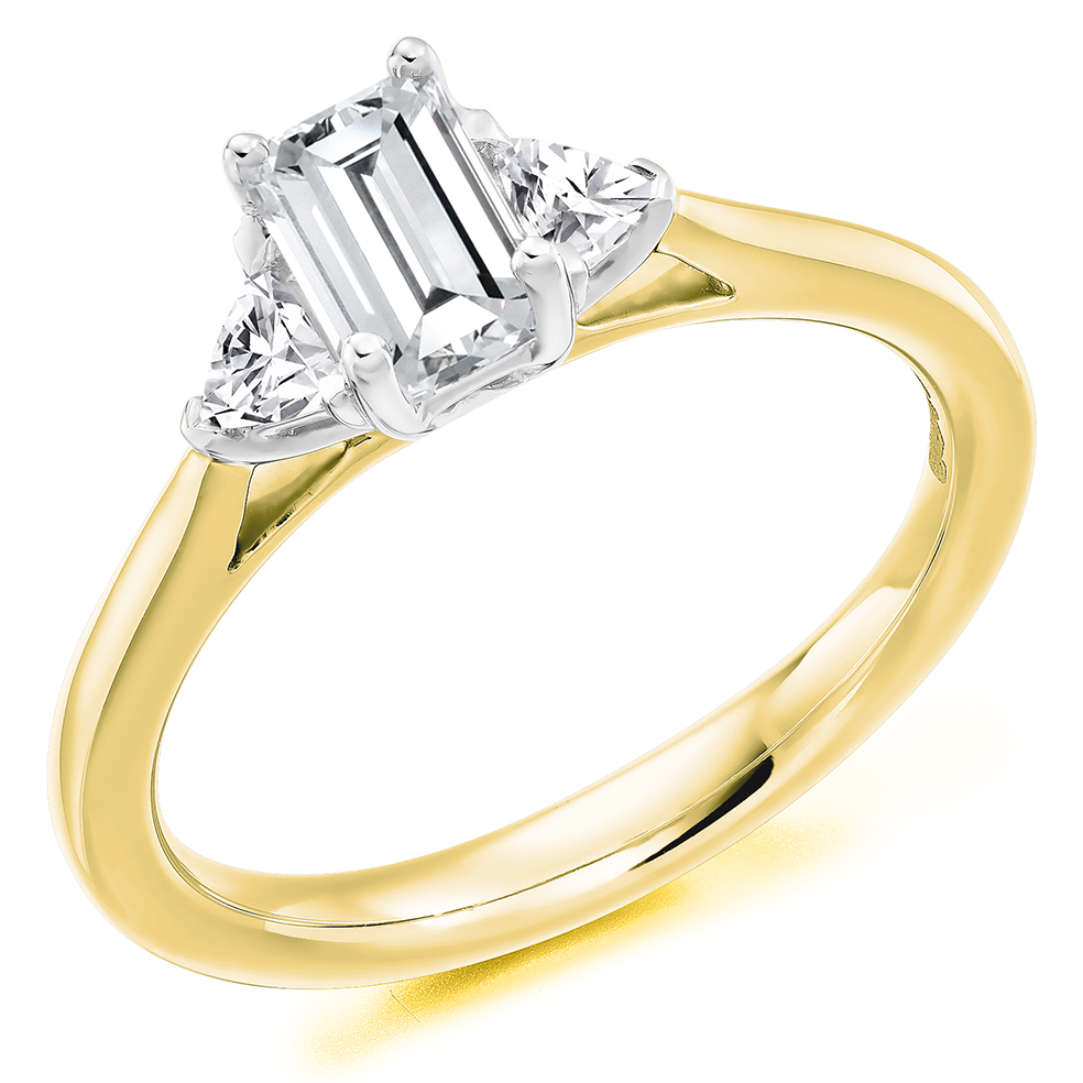 Image of Yellow Gold Emerald Cut or Radiant Cut Trilogy Set with Plain Shoulders  Trilogy Ring