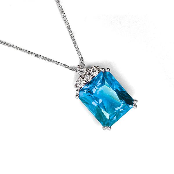 Image of Natural Mixed Cut Blue Topaz and Natural Diamond Pendant in White Gold