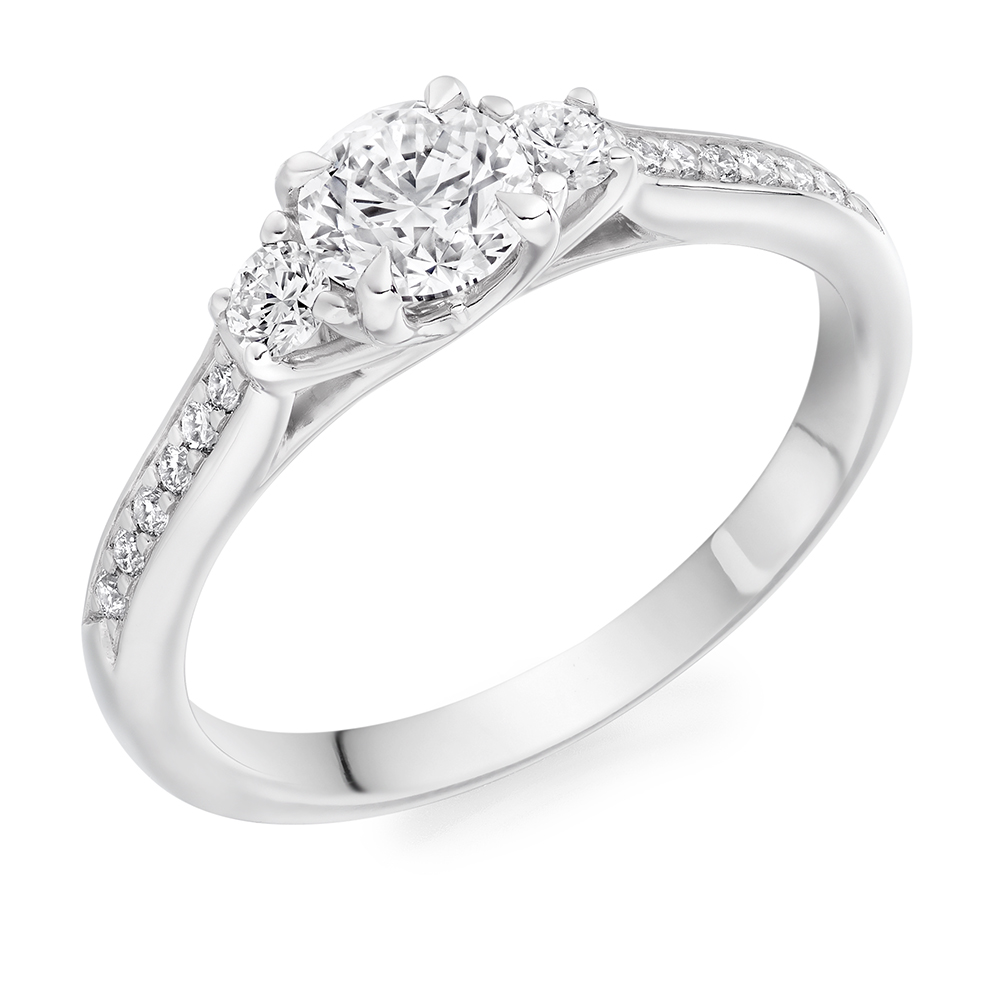 Image of White Gold Round Brilliant Trilogy Set with Diamond Set Shoulders Trilogy Ring