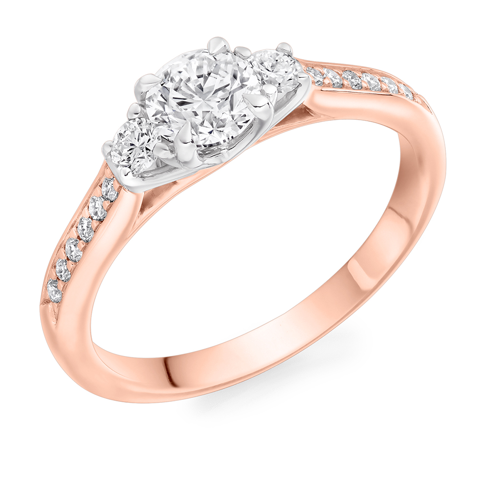 Image of Rose Gold Round Brilliant Trilogy Set with Diamond Set Shoulders Trilogy Ring