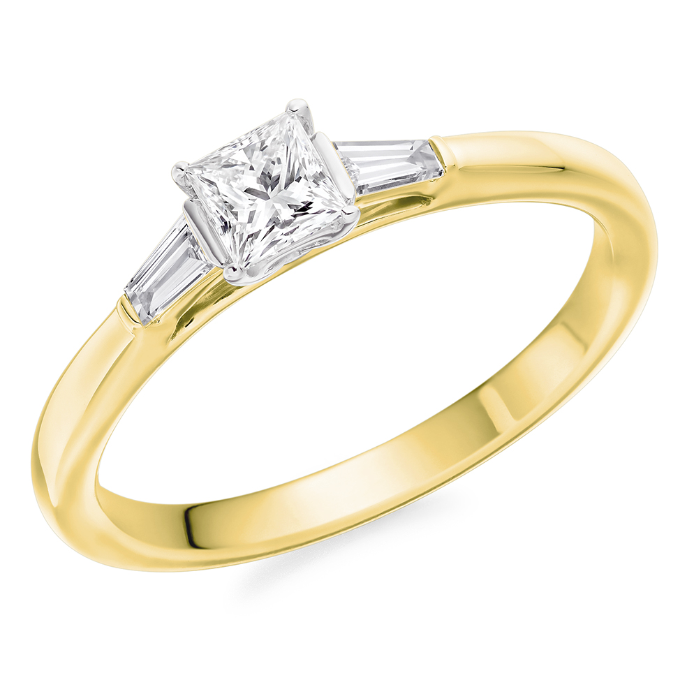 Image of Yellow Gold Princess Cut Trilogy Set with Plain Shoulders  Trilogy Ring