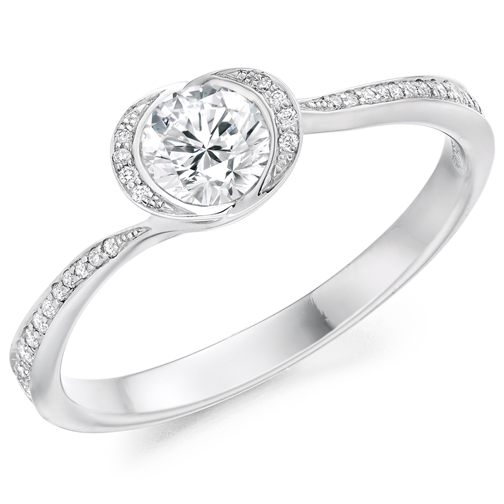 Image of Platinum Round Brilliant Halo with Diamond Set Shoulders Engagement Ring