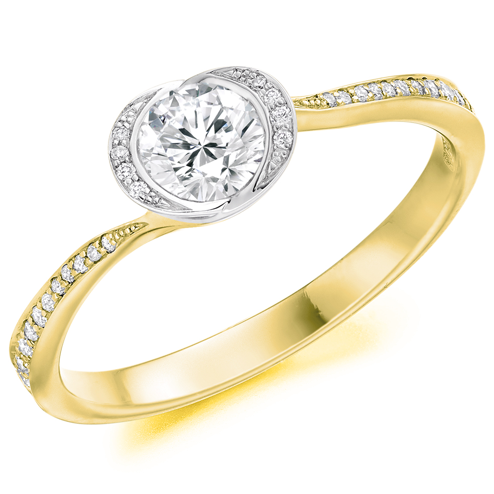Image of Yellow Gold Round Brilliant Halo with Diamond Set Shoulders Engagement Ring