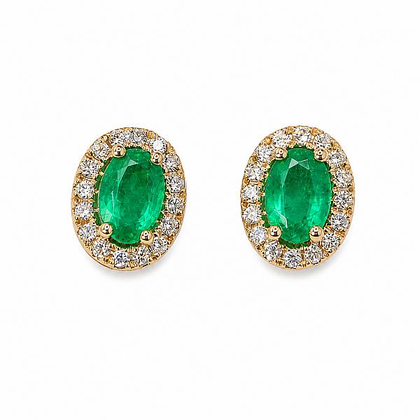 Image of 0.90ct Natural Oval Cut Emerald with Natural Diamond Halo Stud Earrings in Yellow Gold