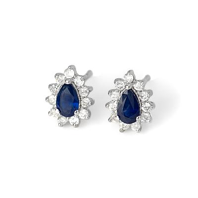 0.47ct Natural Pear Cut Blue Sapphire and Natural Diamond Cluster Stud Earrings in White Gold Image