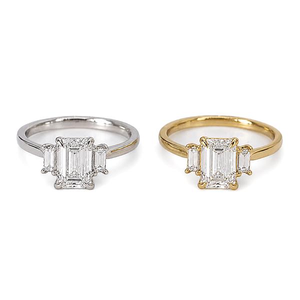 Image of 2.07ct Lab Grown Emerald Cut Diamond with Natural Baguette Cut Outers Ring in Yellow Gold