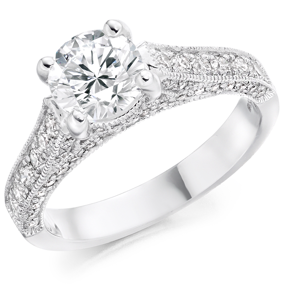 Image of Platinum Round Brilliant Solitaire with Diamond Set Shoulders Engagement Ring