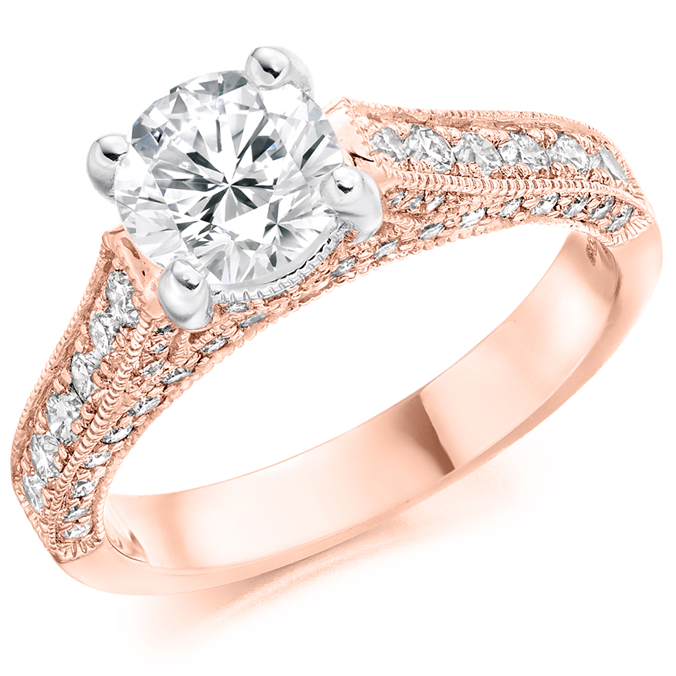 Image of Rose Gold Round Brilliant Solitaire with Diamond Set Shoulders Engagement Ring