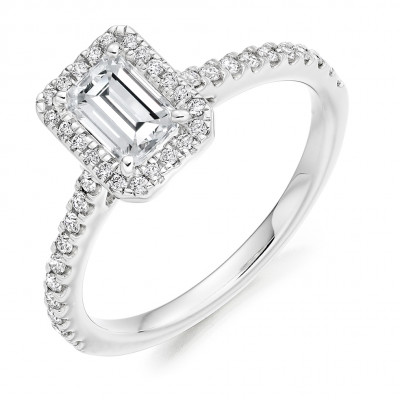 Emerald Cut Halo with Diamond Set Shoulders Engagement Ring Metal Image