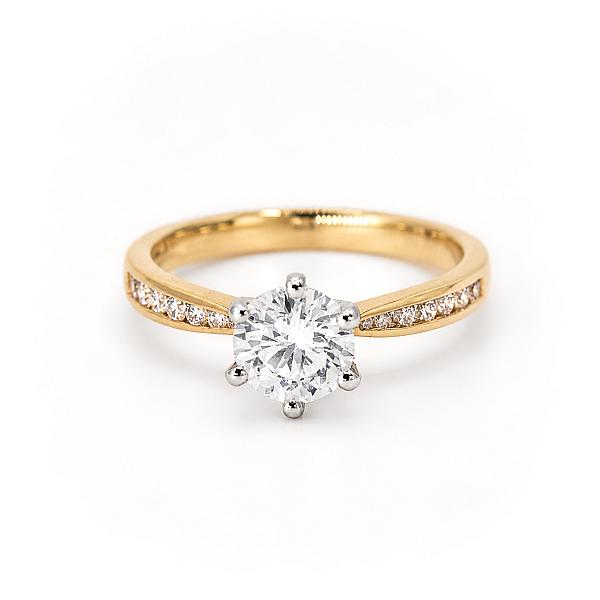 Image of 1.00ct Lab Grown Round Brilliant Cut Diamond with Channel Set Natural Diamond Shoulders Ring in Yellow Gold