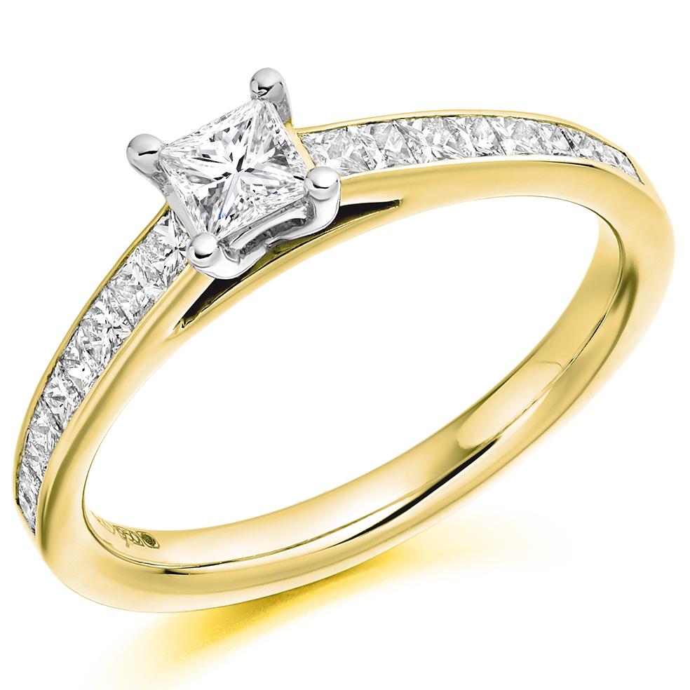 Image of Yellow Gold Princess Cut Solitaire with Diamond Set Shoulders Engagement Ring