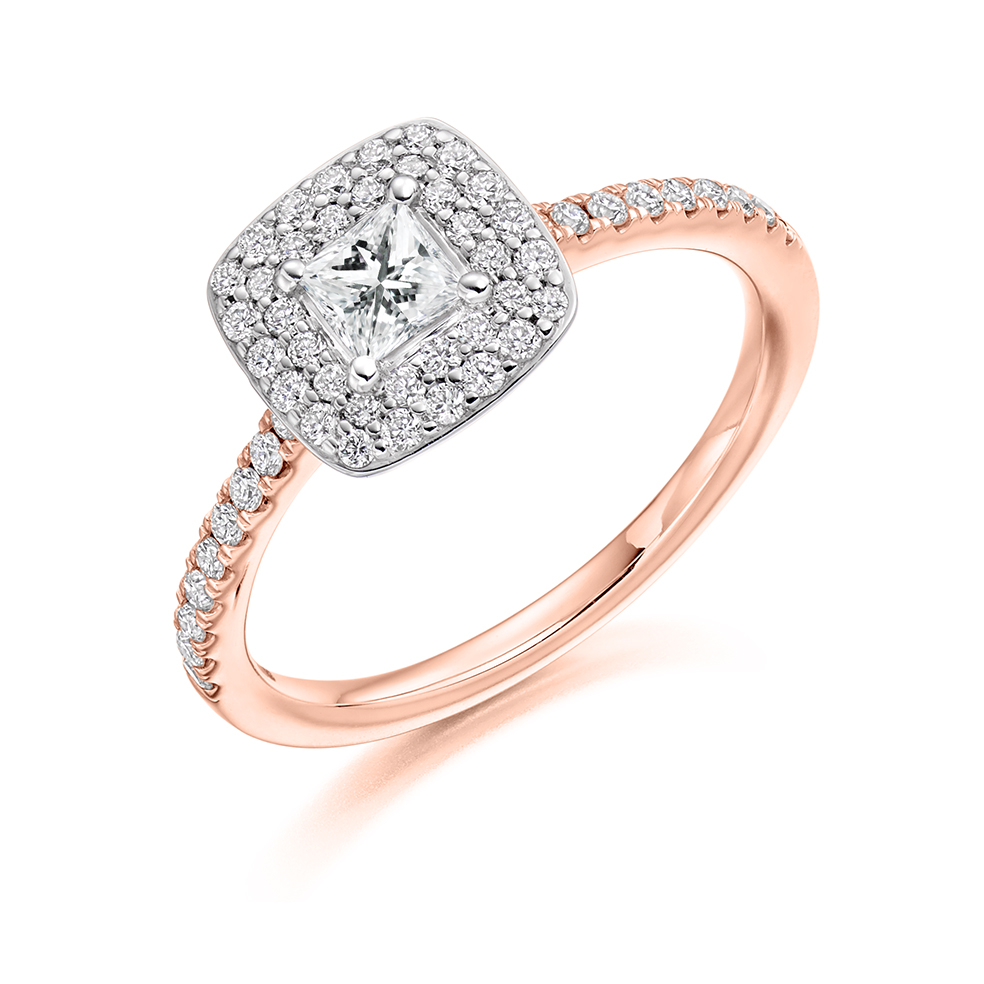 Image of Rose Gold Princess Cut Halo with Diamond Set Shoulders Engagement Ring