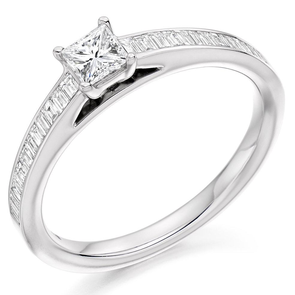 Image of Platinum Princess Cut Solitaire with Diamond Set Shoulders Engagement Ring