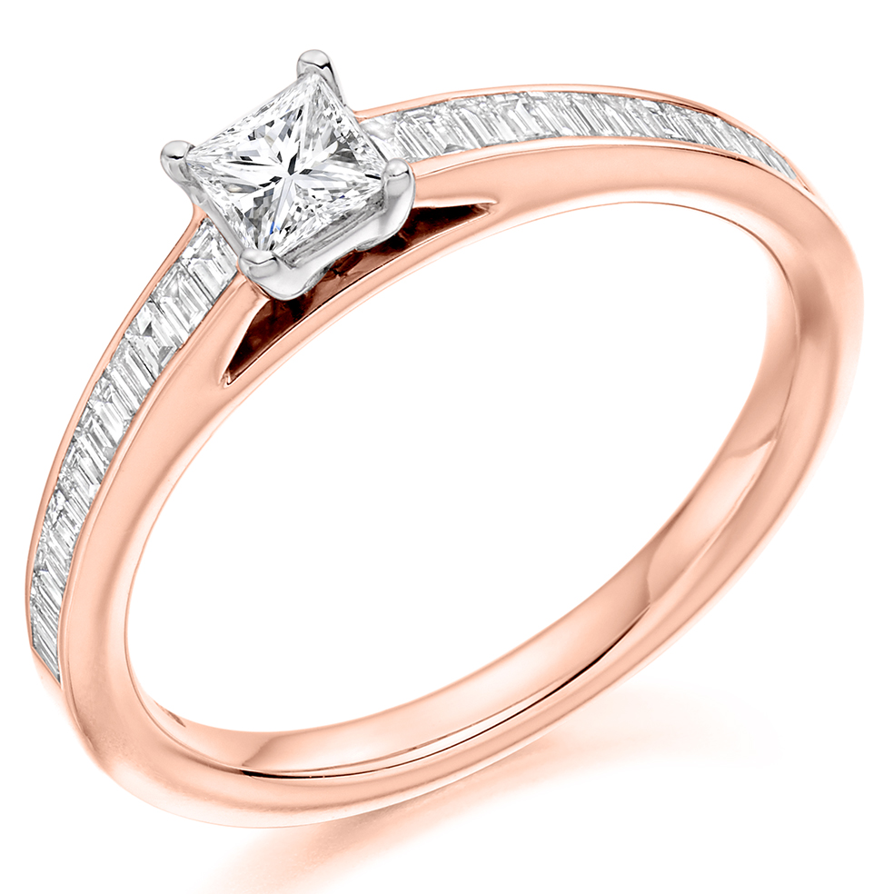 Image of Rose Gold Princess Cut Solitaire with Diamond Set Shoulders Engagement Ring
